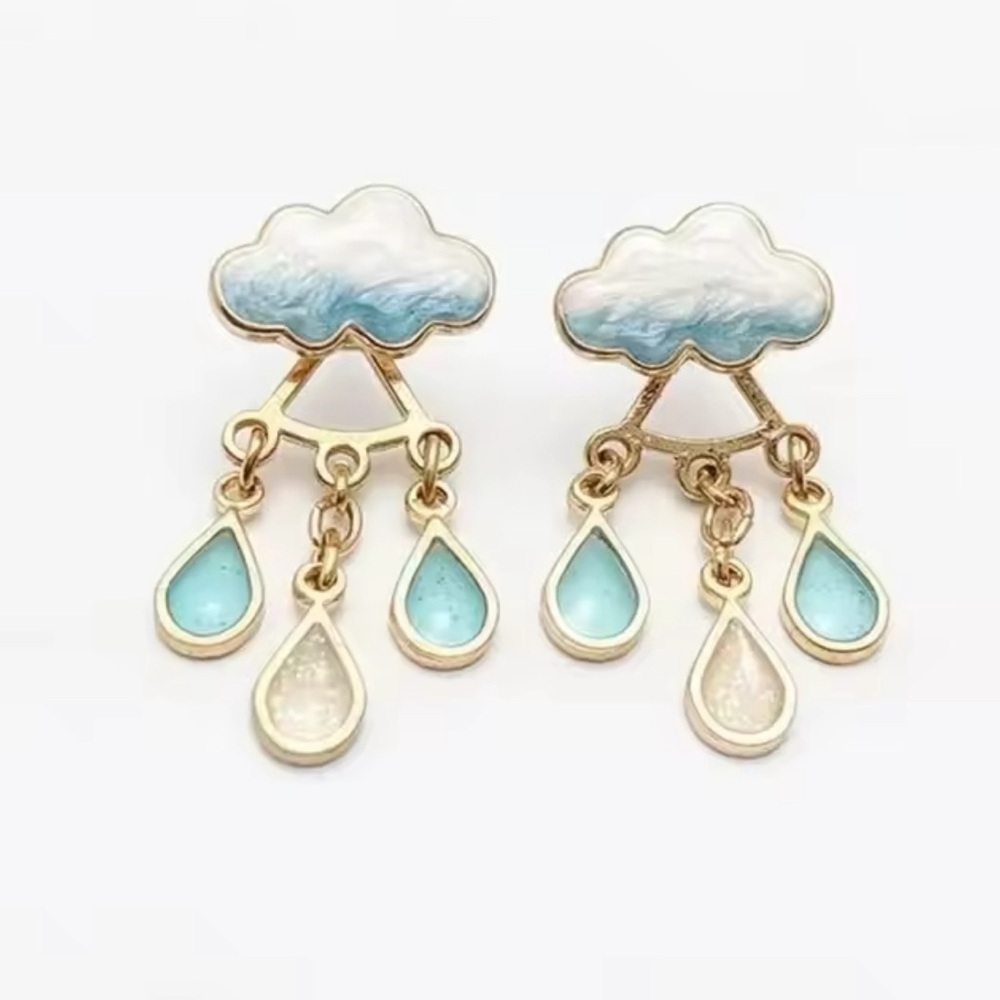 14K Gold 2 Piece Sky Blue Rain Cloud With Gemstone Drop Stud Earrings